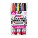 Pack of Tulip Fabric Markers with six colors on a white background - the package includes red, green, yellow, blue, brown, and black markers