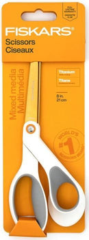 Fiskars Mixed Media Scissors with soft handles and titanium coated blades in an orange package