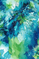 Abstract fabric print in blue and green with a pattern like splattered watercolor. 