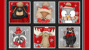 Set of six animal illustrations wearing winter clothing on a red background with snowflakes.