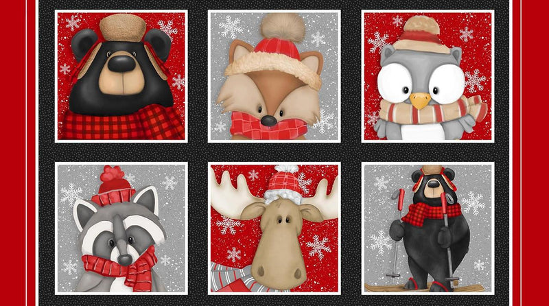 Set of six animal illustrations wearing winter clothing on a red background with snowflakes.