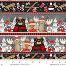 Festive fabric pattern with winter animals like bears, moose, and raccoons wearing scarves and hats on a gray background.