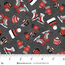 Fabric pattern with Christmas-themed items on a gray background, featuring a ruler at the bottom.