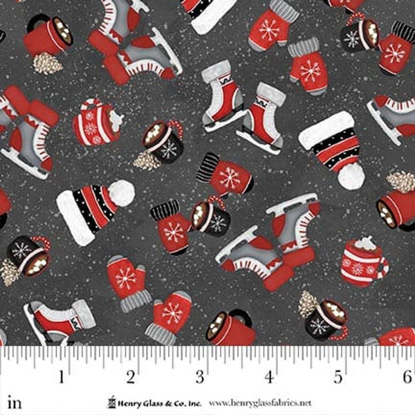 Fabric pattern with Christmas-themed items on a gray background, featuring a ruler at the bottom.