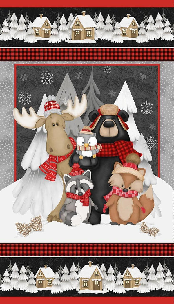 Winter-themed fabric panel with moose, bear, owl, raccoon, and fox wearing scarves against a snowy background.