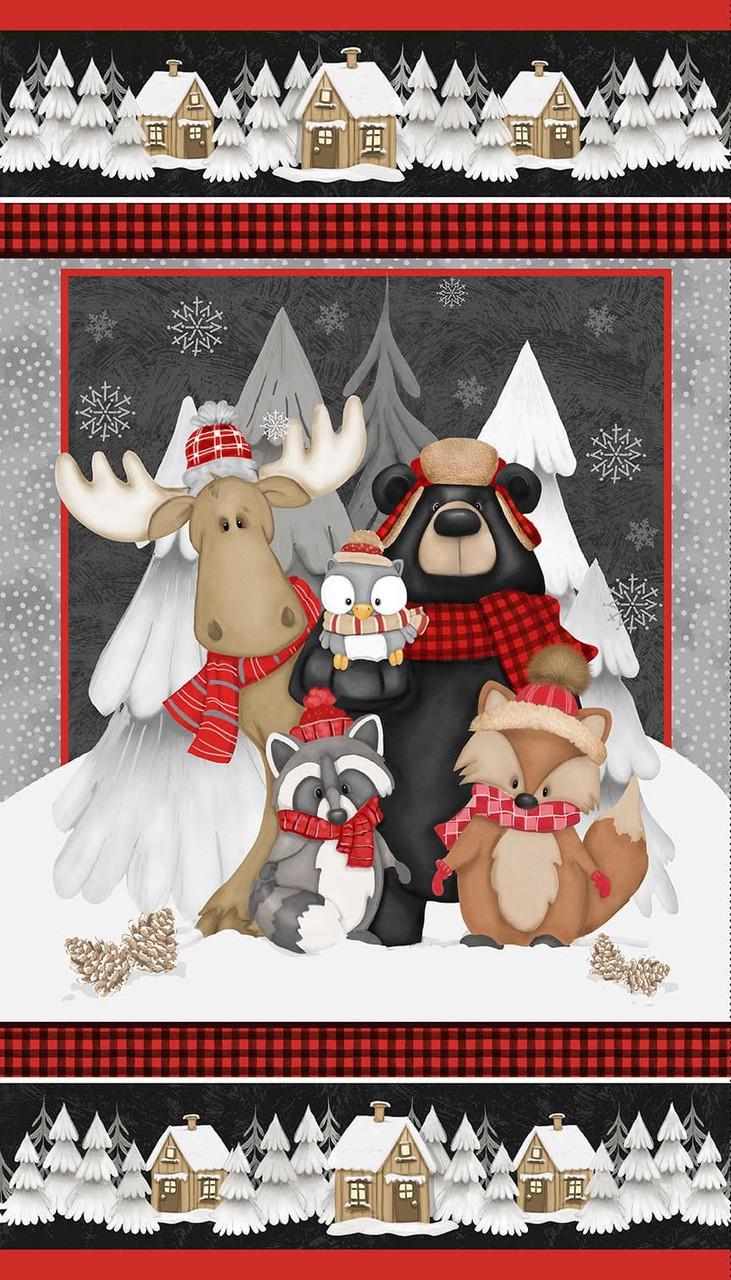 Winter-themed fabric panel with moose, bear, owl, raccoon, and fox wearing scarves against a snowy background.