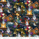 Festive fabric with animals, flowers, and lanterns on a dark background