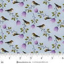 Fabric pattern with birds and purple flowers on a blue background