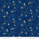 Dandelion fabric with floral pattern on a blue background