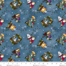Patterned fabric with cartoon characters, flowers, and lanterns on a blue background.