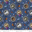 Patterned fabric with animals, birds, and flowers on a blue background 
