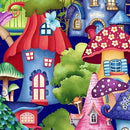 Henry Glass Down the Fairy Path Fairy Houses Multi 3431-77 Royal Multi - Multicolor Mushroom Houses on  Royal Blue Background