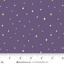 Fabric with star pattern on a purple background, featuring a ruler for scale.