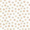 A repeating pattern of pastel baby toy blocks in beige, pink, green, yellow, and blue on a white background with small scattered confetti dots.