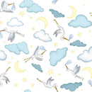A cute baby print fabric featuring storks carrying little bundles of joy. They're surrounded by scattered stars and clouds on a white background. 