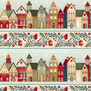 Decorative design with colorful houses and floral patterns