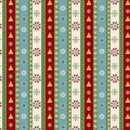 A repeating holiday pattern with vertical stripes featuring red, light blue, cream, and olive green bands decorated with snowflakes, stars, and small yellow triangular motifs.