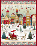 Christmas-themed fabric panel with Santa Claus, reindeer, and a snowy village.