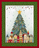 Decorative Christmas quilt with a tree and village design on a green border.