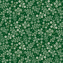 A repeating floral pattern featuring delicate white and light beige flowers and swirling vines on a deep green background.