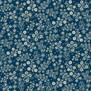 A repeating floral pattern featuring delicate white and light beige flowers and swirling vines on a deep navy blue background.