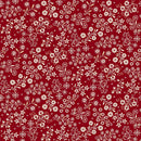 A repeating floral pattern featuring cream-colored flowers and swirling vines on a deep red background.