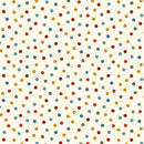 A repeating pattern of small multicolored polka dots in red, blue, yellow, green, and orange on a warm cream background.