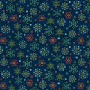A repeating seamless pattern of intricate snowflake and floral mandala motifs in shades of red, light blue, olive green, and cream on a dark navy blue background.