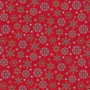 A repeating red holiday pattern featuring intricate snowflake and starburst motifs in white, gold, blue, and brown.
