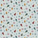 A repeating holiday pattern featuring stylized Christmas trees, snowflakes, and floral motifs in muted red, blue, green, yellow, and brown on a pale blue-gray background.