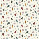 A repeating Christmas-themed pattern on a warm cream background, featuring stylized evergreen trees in red, blue, green, and gold, snowflakes in blue and red, and small geometric motifs.