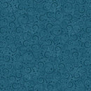 A close-up of a teal blue patterned surface with repeating dark blue swirls, dots, and small star motifs.