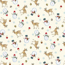 A repeating Christmas-themed pattern on a warm cream background, featuring tan deer, snowmen in red and blue hats, snow globes, snowflakes, acorns, and small gold ornaments.
