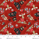 Festive fabric with Christmas-themed animals on a red background, featuring bears, moose, and reindeer.