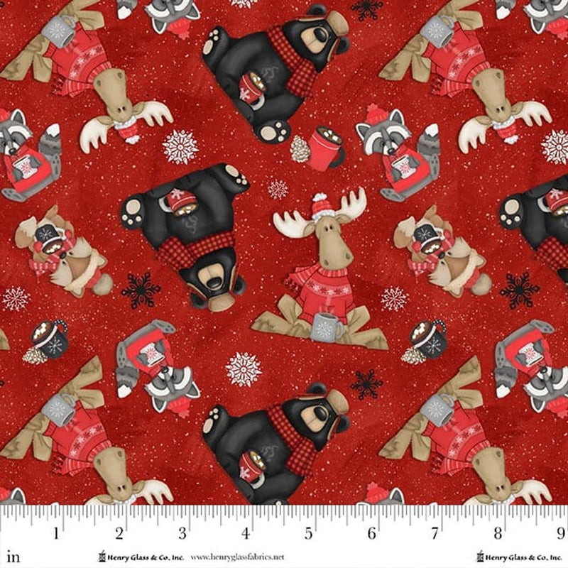 Festive fabric with Christmas-themed animals on a red background, featuring bears, moose, and reindeer.