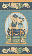 Panel of two teddy bears on suitcases with travel-themed elements on a blue background.