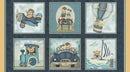 Collection of vintage-style illustrations featuring toys and vehicles on a blue background.