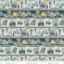 Fabric with teddy bear and toy-themed design on a blue background
