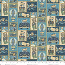 Patterned fabric with vintage-style illustrations of cars, hot air balloons, and other elements on a blue background.