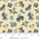 Fabric pattern with vintage transportation-themed designs on a beige background, featuring cars, planes, and suitcases.
