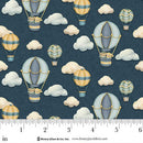 Fabric pattern with hot air balloons and clouds on a blue background, featuring Henry Glass & Co. branding.