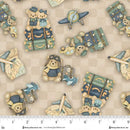 Fabric with teddy bears, suitcases, and airplanes on a beige background