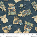Fabric pattern with teddy bears, suitcases, and airplanes on a dark blue background.