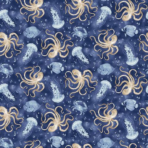 Henry Glass and Co. Cobalt Seas Ocean Life Toss Navy 1369-77 Navy - sewjersey.com