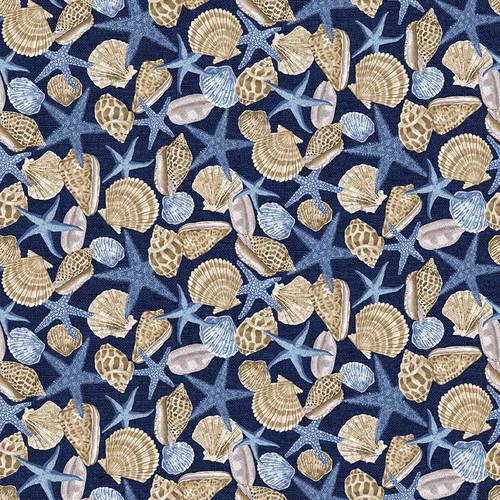 Henry Glass and Co. Cobalt Seas Packed Shells 1366-77 Navy - sewjersey.com
