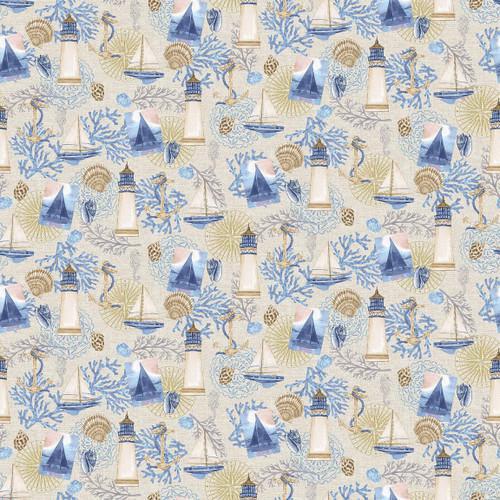 Henry Glass and Co Cobalt Seas Coastal Collage 1363-41 Beige - sewjersey.com