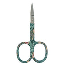 A pair of small 3.6" embroidery scissors with a green, William Morris inspired pattern. 