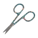 A pair of small 3.6" embroidery scissors with a green William Morris inspired pattern on a white background. They are opened. 