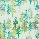 a batik fabric featuring pine tree silhouettes on a light seafoam green background. 