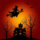 Halloween night scene with a black silhouette of a witch riding a broomstick and a cat, bare trees, a haunted house, and bats against a glowing orange and red sky.